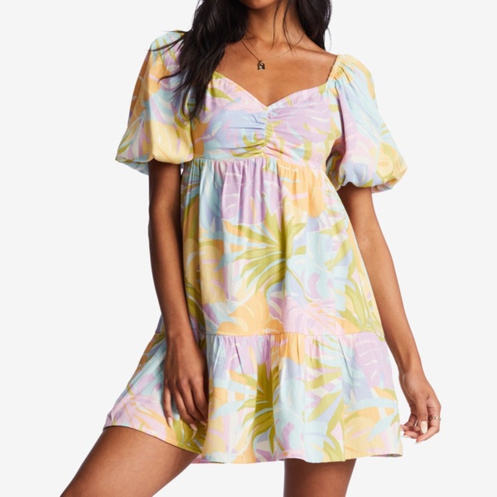 Multicolor Puff Sleeve Dress Size LG Billabong Be Mine Babydoll Dress - Picture 5 of 5